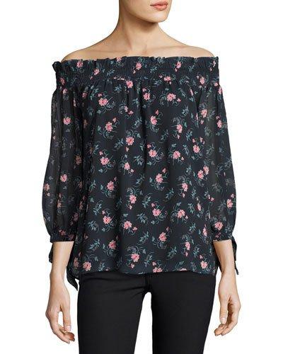 Floral Off-the-shoulder Top, Blue Pattern
