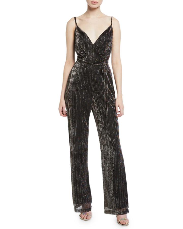 Metallic Surplice Wide-leg Jumpsuit