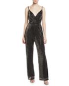 Metallic Surplice Wide-leg Jumpsuit