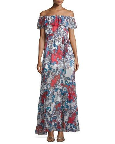 Off-the-shoulder Paisley-print Maxi Dress, Red Pattern