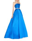 Strapless Bejeweled-waist Satin Ball Gown
