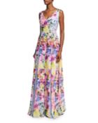 Sleeveless Floral Pleated Evening Gown, Lavender/multicolor