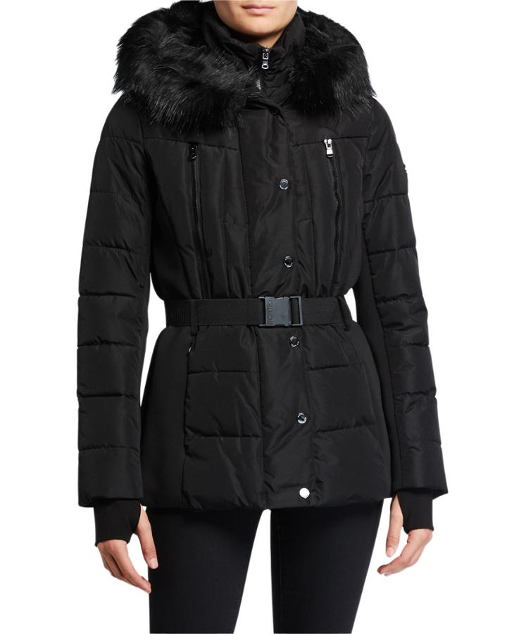 Faux-fur-trim Belted Puffer