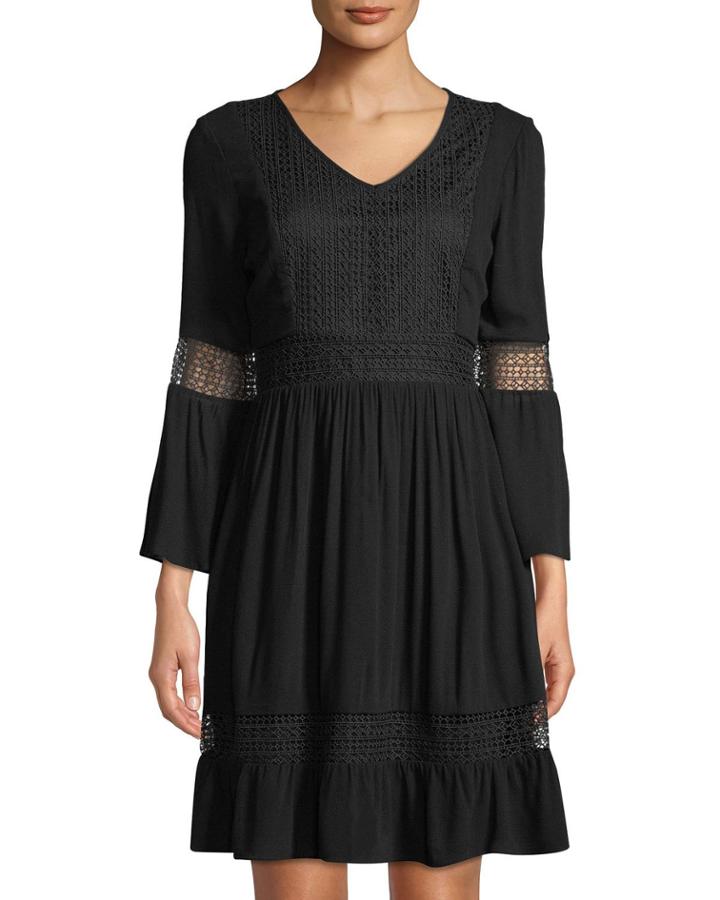 Lace-embroidered V-neck Peasant Dress