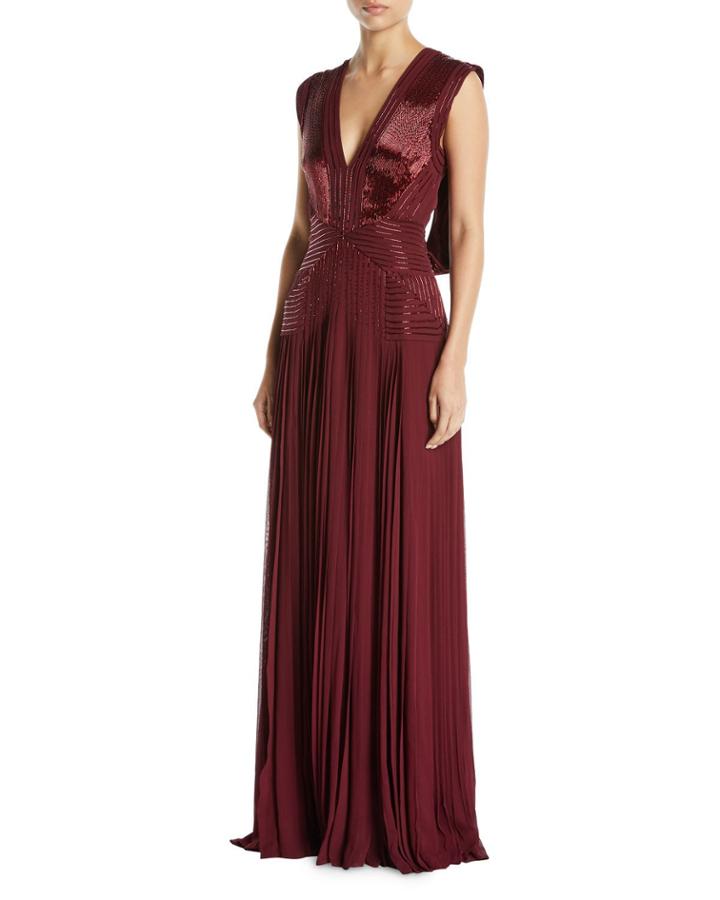 V-neck Sleeveless Draped-back Beaded Pleated Column Evening Gown