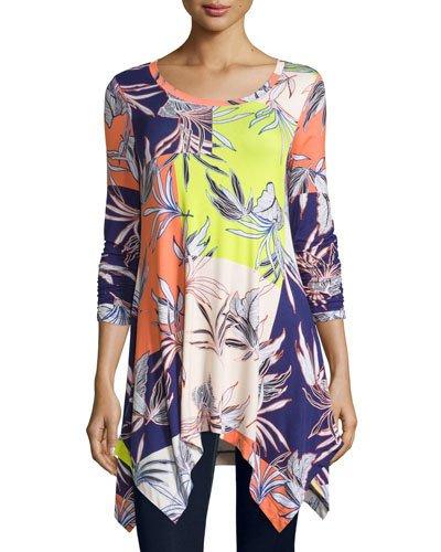 Leaf-print Knit Sharkbite-hem Tunic