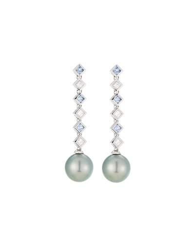 18k Tahitian Pearl, Diamond & Sapphire Drop Earrings