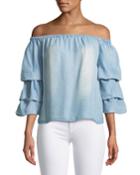 Kelly Chambray Off-the-shoulder Ruffle-sleev Blouse