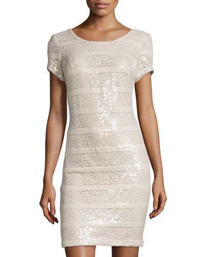 Sequin-stripe Sheath Dress, Nude