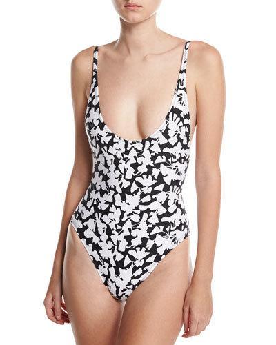 One-piece Swimsuit With Lace Back Detail, Black Pattern