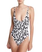 One-piece Swimsuit With Lace Back Detail, Black Pattern
