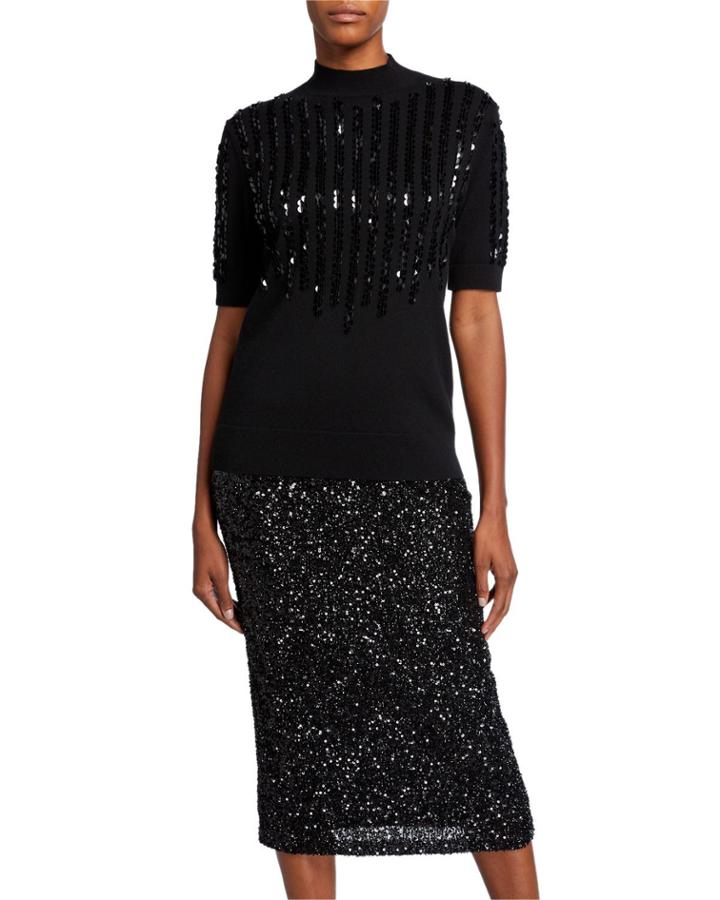 Mock-neck Elbow-sleeve Cashmere Sweater With