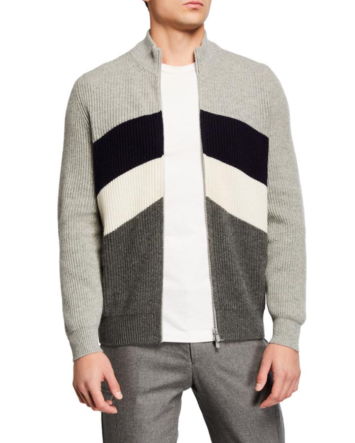 Men's Cashmere Chevron Colorblock Zip Cardigan