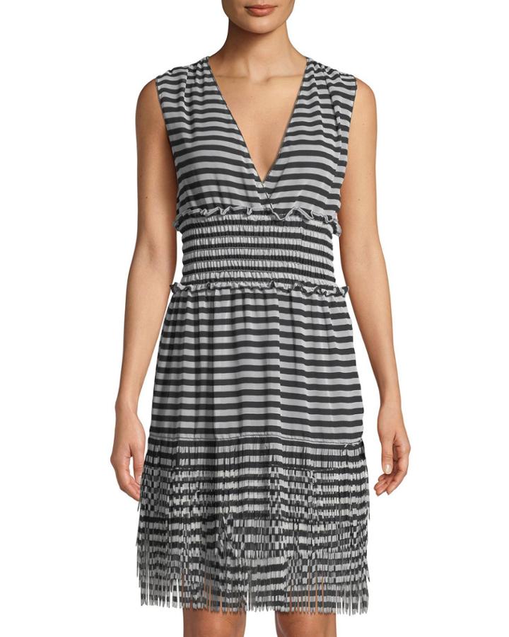 Striped Fringe-trimmed Sleeveless Dress