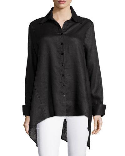 Linen Long-sleeve Draped-back Blouse, Black