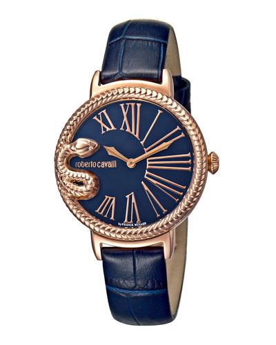 34mm Oversize Snake Watch W/ Leather Strap, Blue/rose