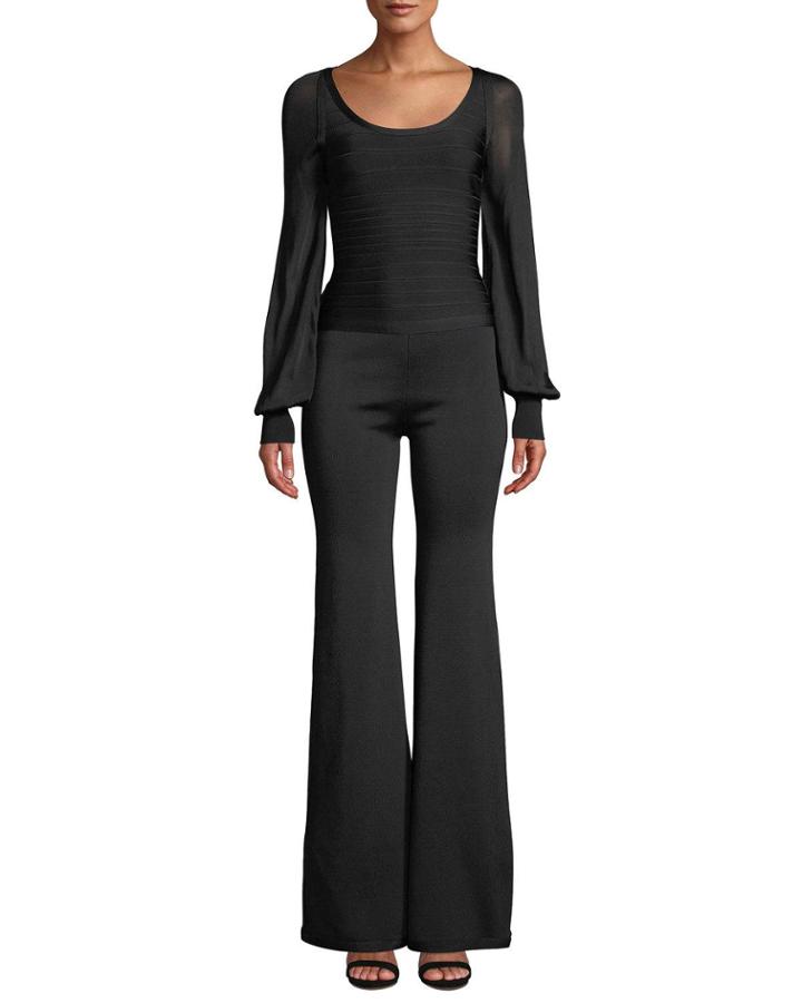 Long-sleeve Bandage Top & Jersey Flare-leg Jumpsuit