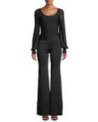 Long-sleeve Bandage Top & Jersey Flare-leg Jumpsuit