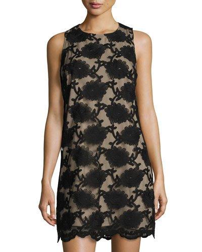 Sleeveless Floral-embroidered Shift Dress, Rich Black