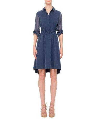 Mesh-inset Drawstring-waist Shirtdress, Denim