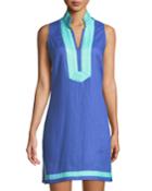 Sleeveless High-neck Two-tone Linen Tunic Dress