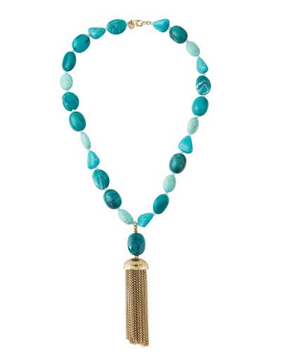 Beaded Turquoise Tassel Necklace, Blue