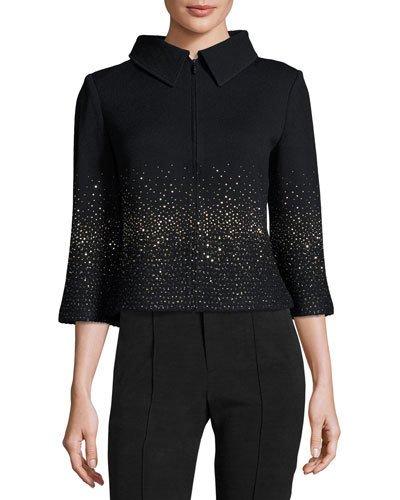 Speckled-knit 3/4-sleeve Jacket, Black Pattern
