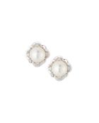 14k White Gold Floral Diamond Pearl Earrings