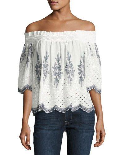 Kim Off-the-shoulder Embroidered Top, White/blue