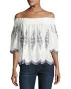 Kim Off-the-shoulder Embroidered Top, White/blue
