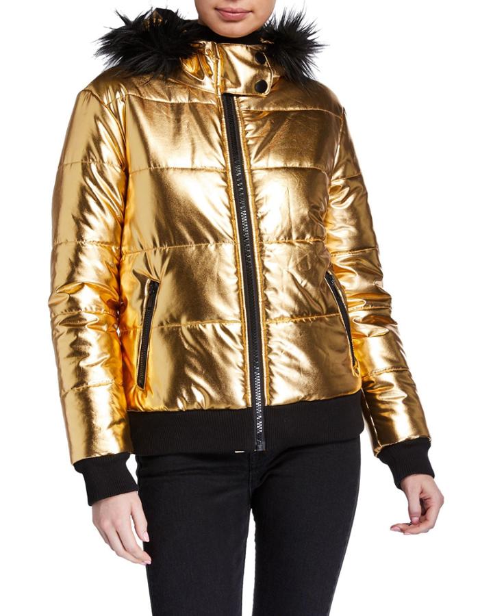Foil-print Faux Fur Trim Puffer Coat