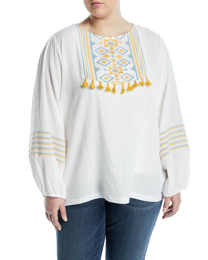 Geometric-embroidered Tassel-trimmed Peasant Blouse,