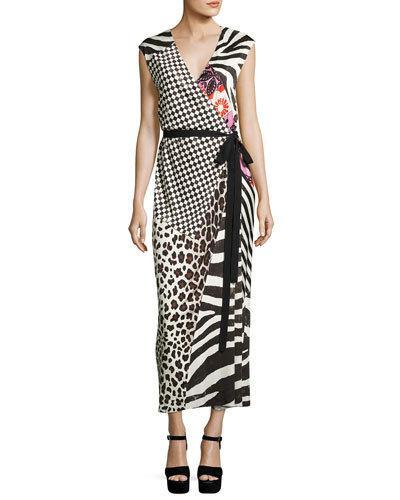 Mixed-media Sleeveless Jersey Wrap Dress, Black