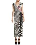 Mixed-media Sleeveless Jersey Wrap Dress, Black