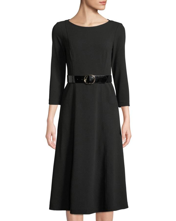 3/4-sleeve Belted A-line Dress