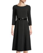 3/4-sleeve Belted A-line Dress