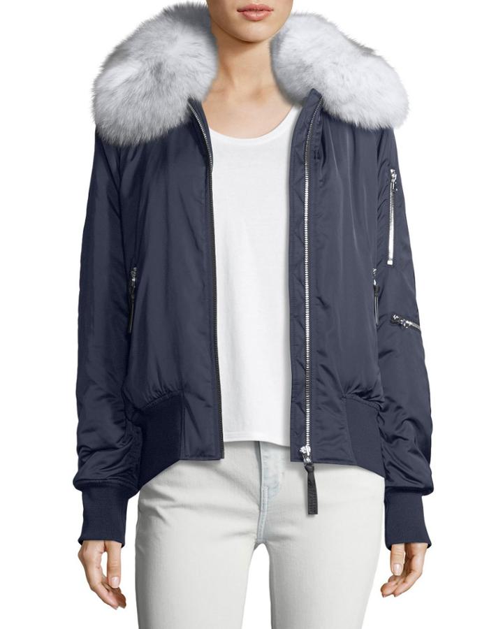 Zip-front Long-sleeve Bomber Jacket W/ Fox Fur
