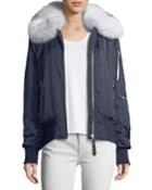 Zip-front Long-sleeve Bomber Jacket W/ Fox Fur