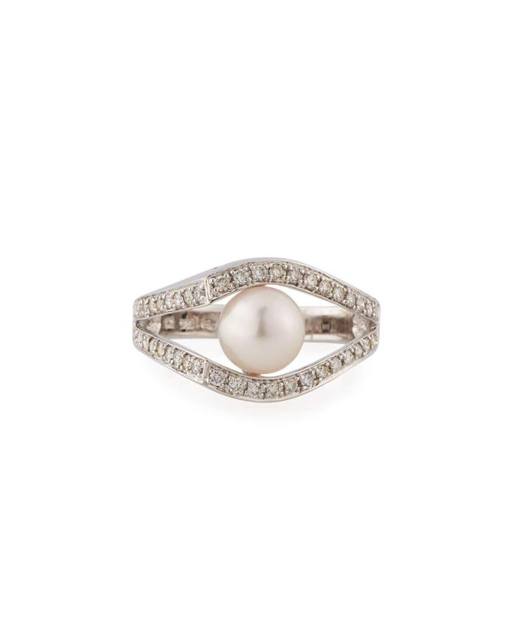 Illusion-set Akoya Pearl & Diamond Ring In 14k White Gold,
