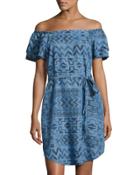 Off-the-shoulder Aztec Denim Dress, Blue
