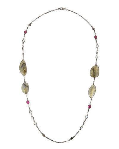 Long Mixed Gem & Champagne Diamond Station Necklace