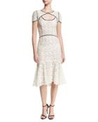Guipure Lace Keyhole Flounce Dress, White/black