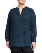 Plus Size Polka Dot Split-neck Long-sleeve Blouse