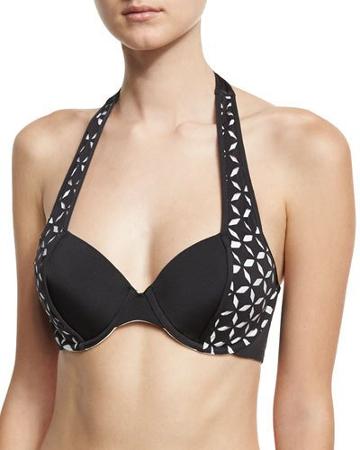 Morrocan Adonna Halter Swim Top, Black/white