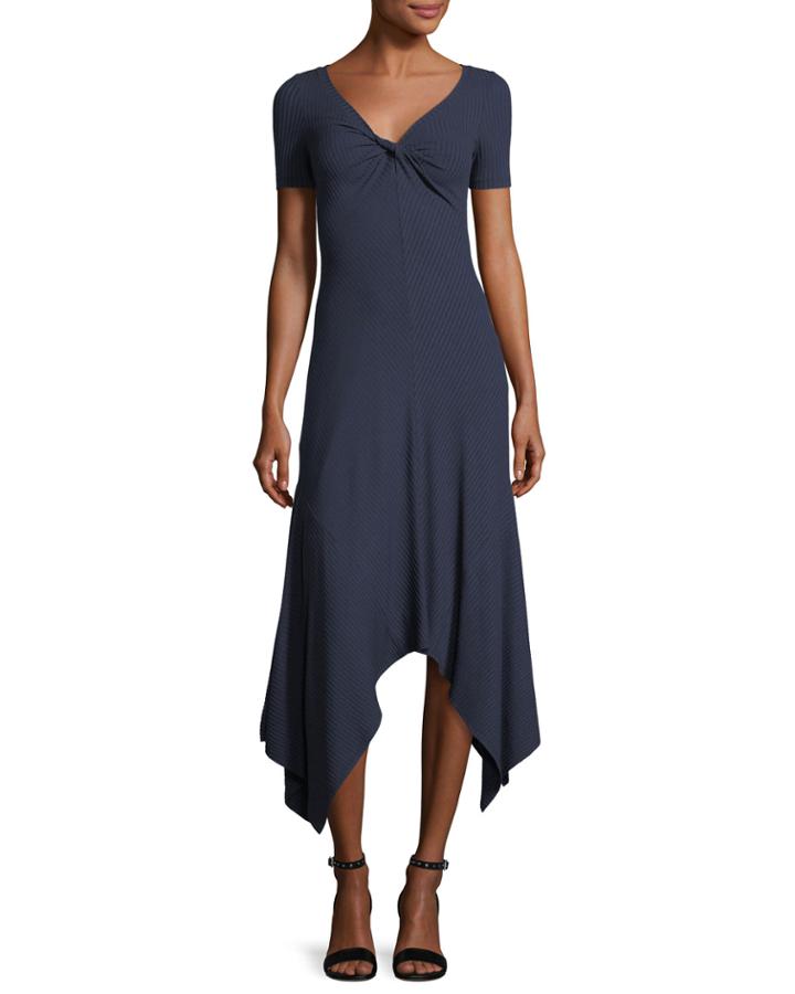 Reva Twist-front Short-sleeve A-line Rib-knit Dress