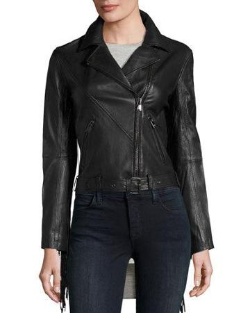 Fringe-trim Lace-back Leather Jacket, Black