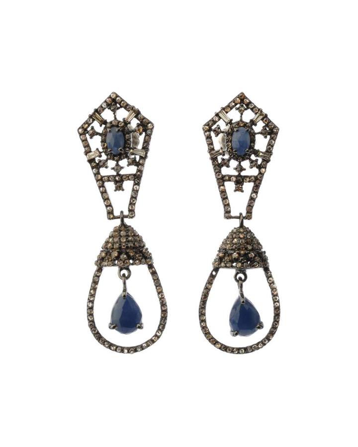 Silver Double-drop Earrings With Blue Sapphire & Diamonds