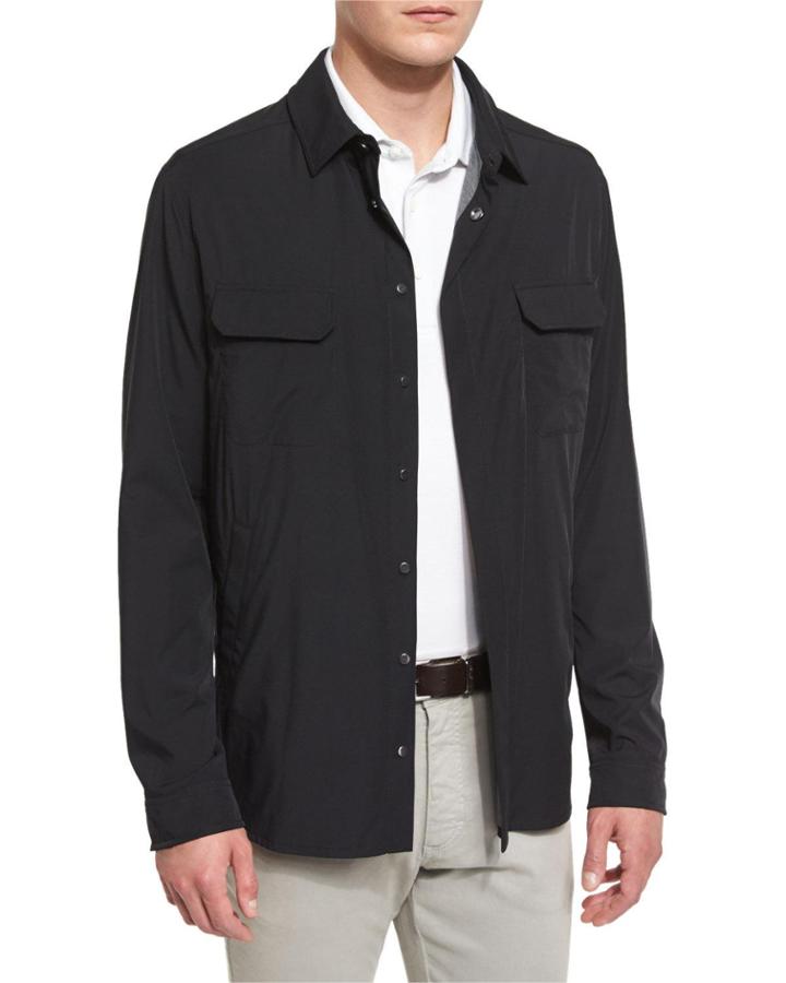 Snap-front Long-sleeve Shirt Jacket, Black
