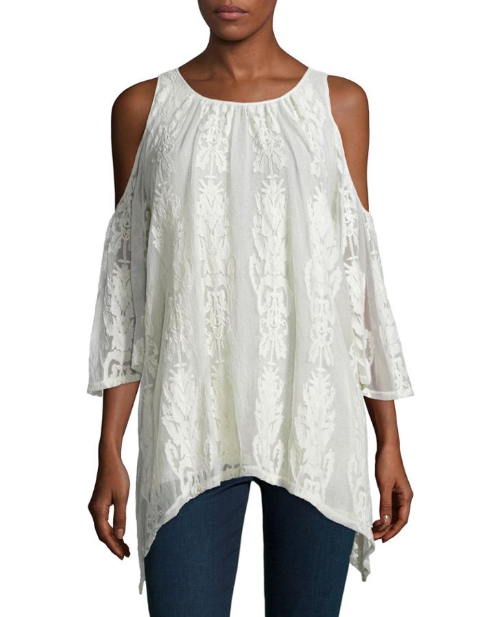 Risette Cold-shoulder Bouquet-embroidered Top