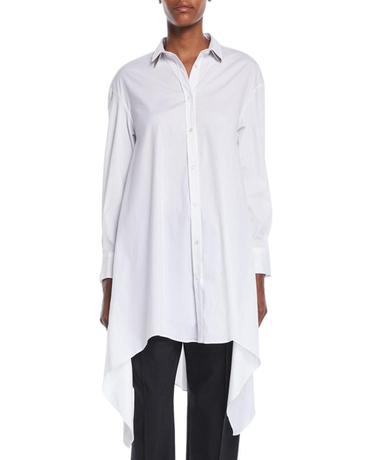 Button-down Long-sleeve Long Poplin Tunic W/ Doubled-collar